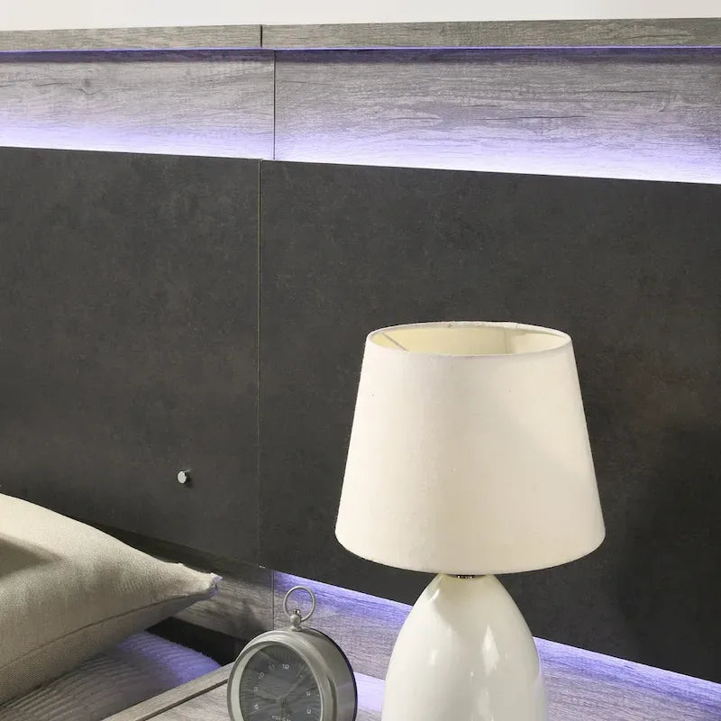 Letto a muro a LED con comodini, comò, specchio e cassettiera grigio stagionato