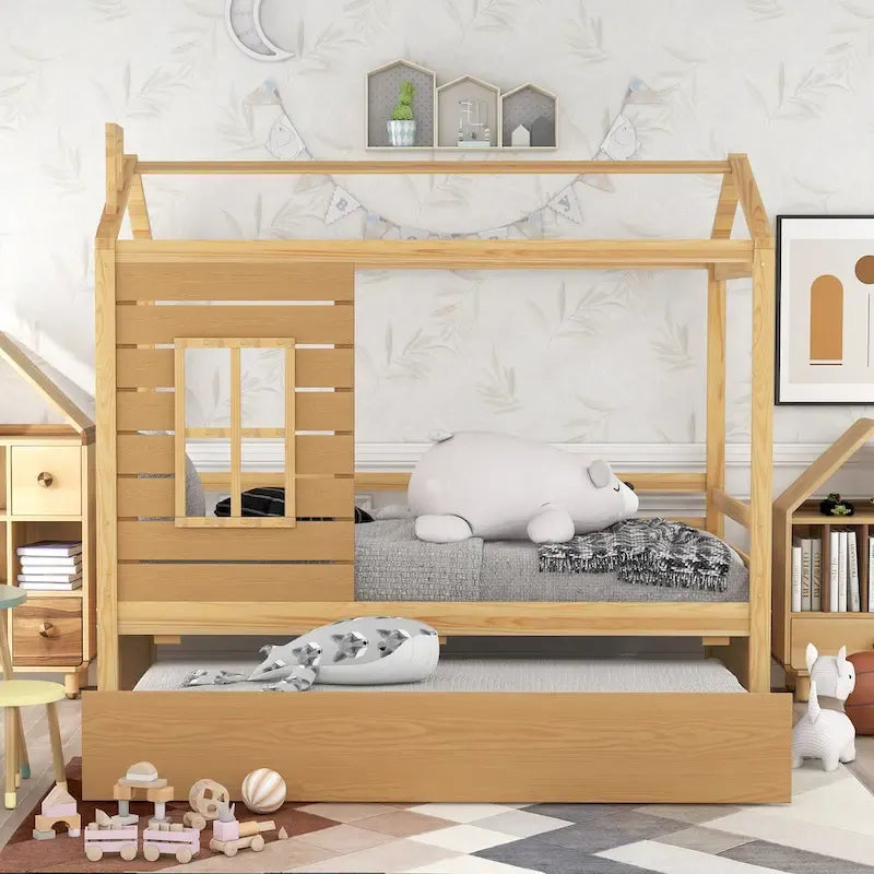 Letto a capanna in legno con letto estraibile singolo (Naturale)