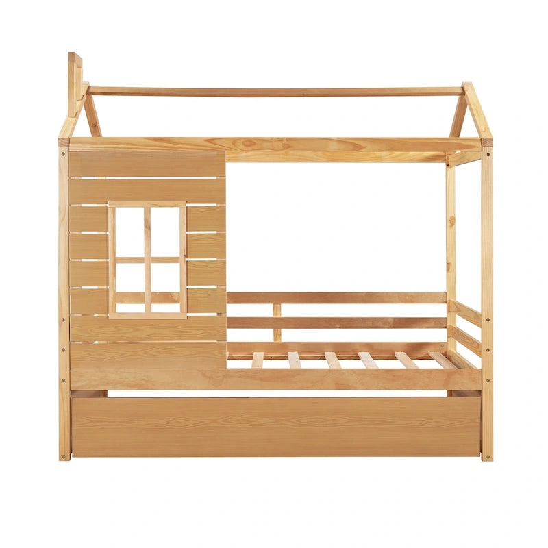 Letto a capanna in legno con letto estraibile singolo (Naturale)
