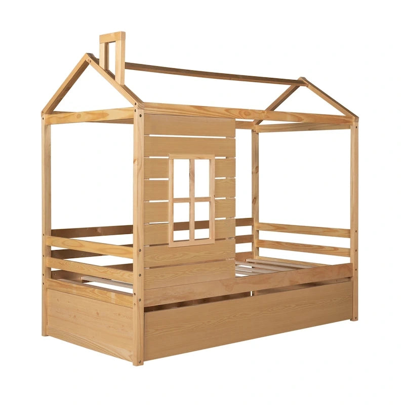 Letto a capanna in legno con letto estraibile singolo (Naturale)