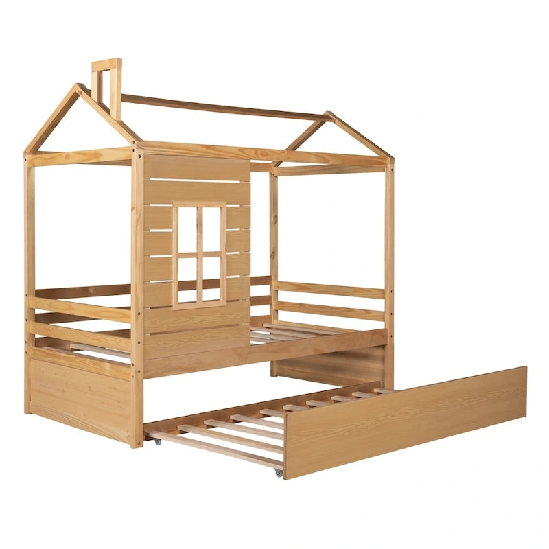 Letto a capanna in legno con letto estraibile singolo (Naturale)