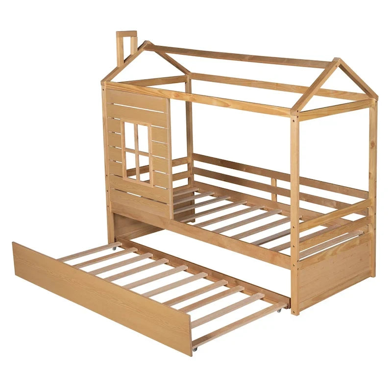 Letto a capanna in legno con letto estraibile singolo (Naturale)