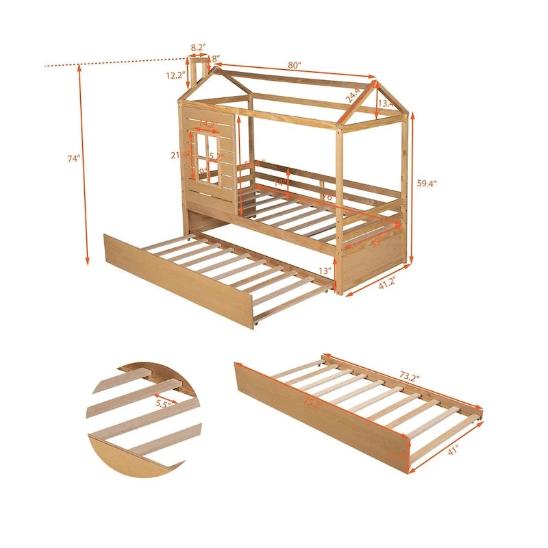 Letto a capanna in legno con letto estraibile singolo (Naturale)