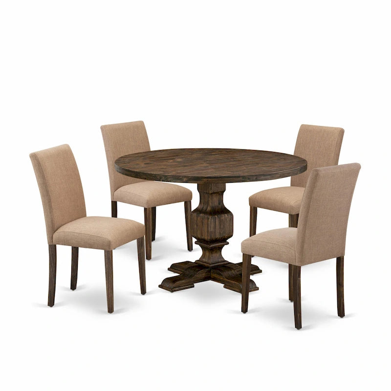 Set tavolo da pranzo rotondo con sedie Parsons color Jacobean invecchiato, pezzi multipli