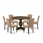Set tavolo da pranzo rotondo con sedie Parsons color Jacobean invecchiato, pezzi multipli