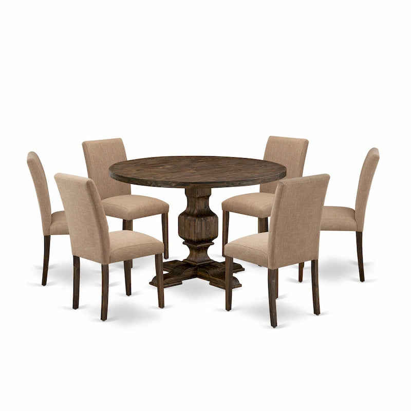 Set tavolo da pranzo rotondo con sedie Parsons color Jacobean invecchiato, pezzi multipli
