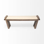Panca da ingresso imbottita in tessuto crema con struttura in legno marrone 58x15x20