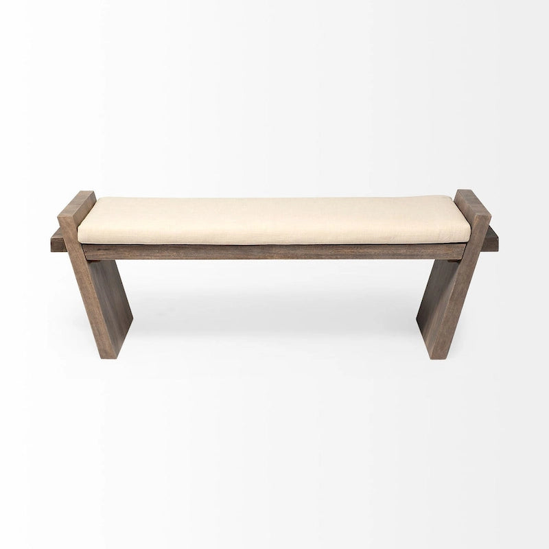 Panca da ingresso imbottita in tessuto crema con struttura in legno marrone 58x15x20