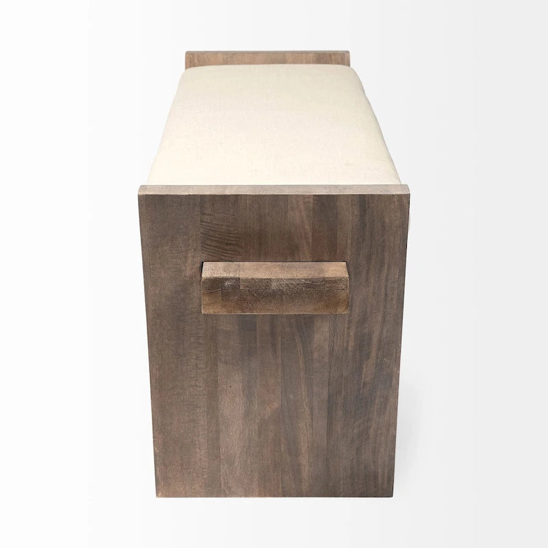 Panca da ingresso imbottita in tessuto crema con struttura in legno marrone 58x15x20