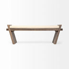 Panca da ingresso imbottita in tessuto crema con struttura in legno marrone 58x15x20