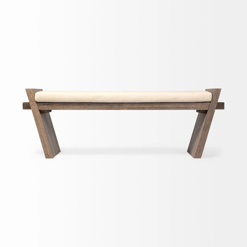 Panca da ingresso imbottita in tessuto crema con struttura in legno marrone 58x15x20