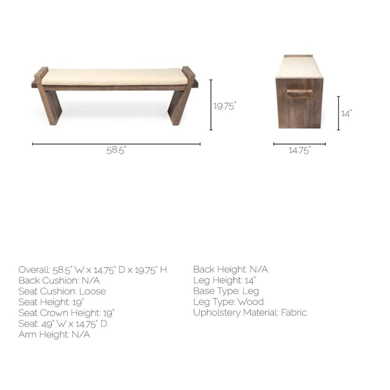 Panca da ingresso imbottita in tessuto crema con struttura in legno marrone 58x15x20