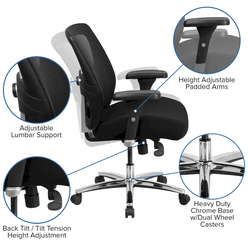 Sedia da ufficio ergonomica in rete per uso intensivo 24/7, per corporature forti e alte, con portata fino a 227 kg