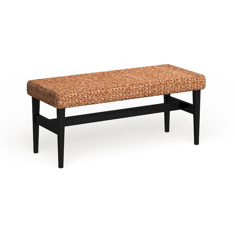 Panca Contenitore Intrecciata Naturale con Struttura Nera Stile Boho per Soggiorno
