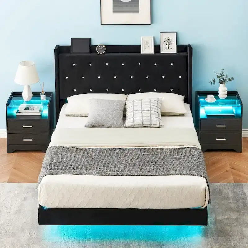 Struttura letto moderna flottante in velluto con luci a LED