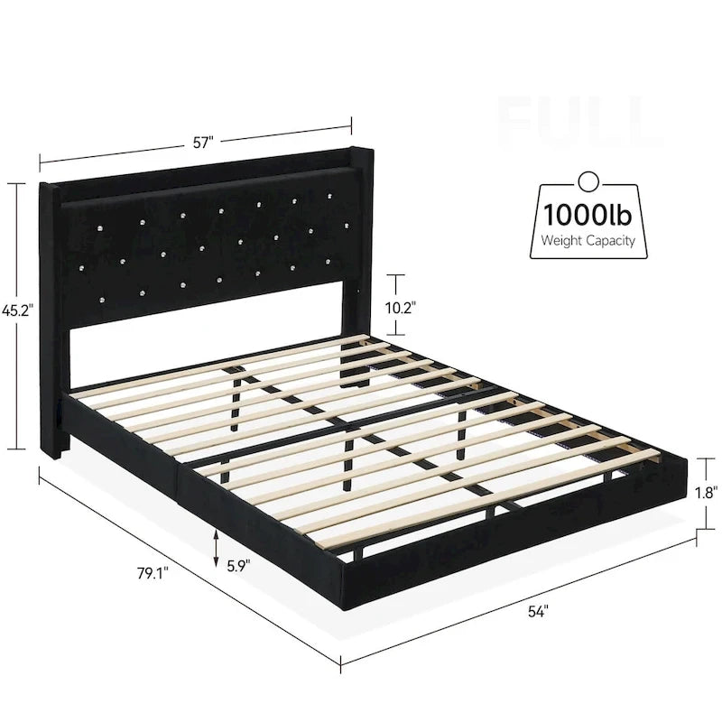 Struttura letto moderna flottante in velluto con luci a LED