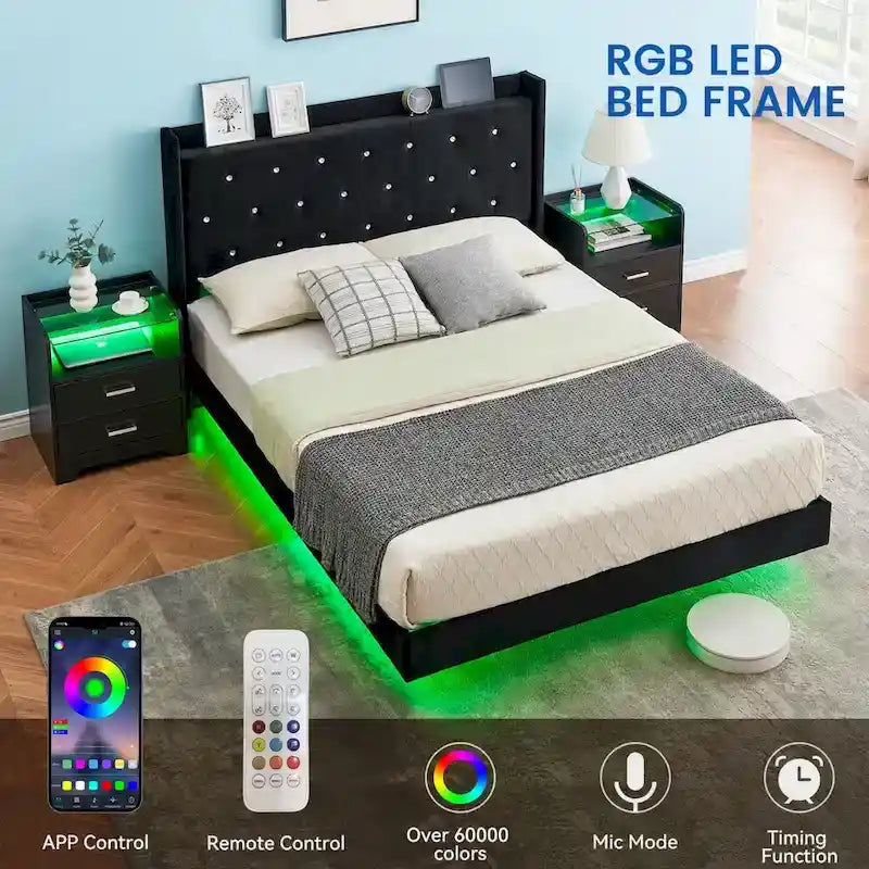 Struttura letto moderna flottante in velluto con luci a LED