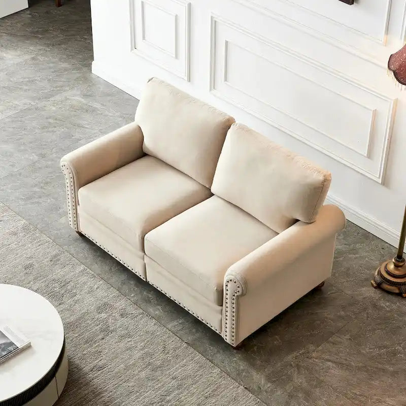 Divanetto a 2 posti imbottito in tessuto di lino con contenitore (beige)