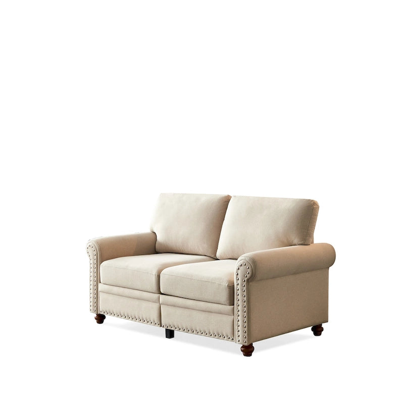 Divanetto a 2 posti imbottito in tessuto di lino con contenitore (beige)