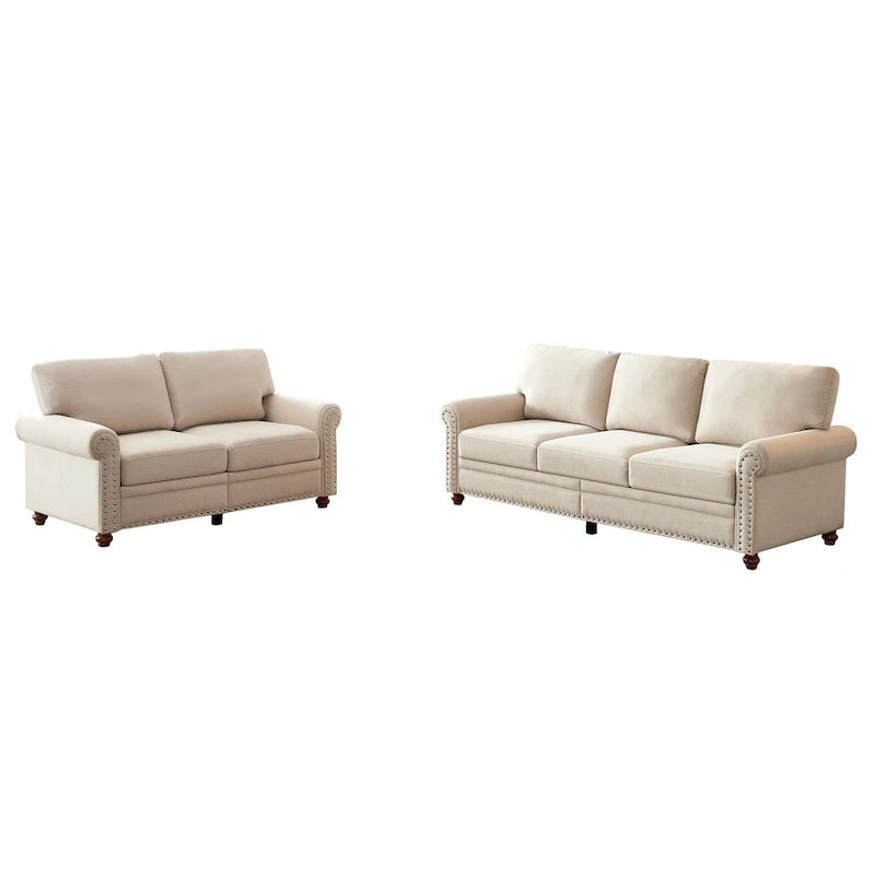 Divanetto a 2 posti imbottito in tessuto di lino con contenitore (beige)