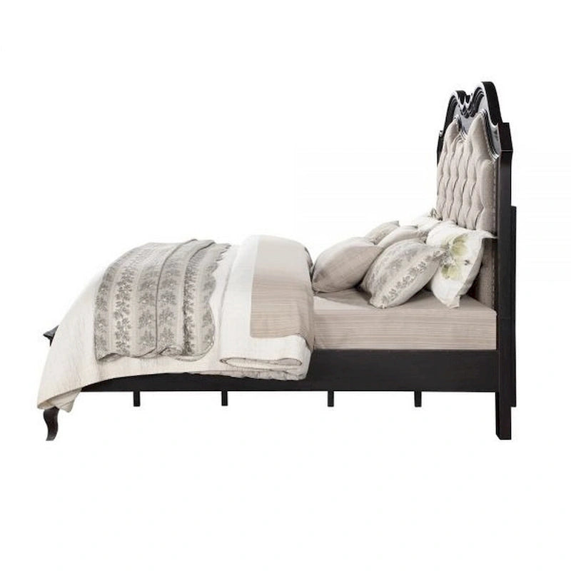Letto King Size con Testiera Trapuntata con Bottoni Rivestimento Beige Struttura Nera