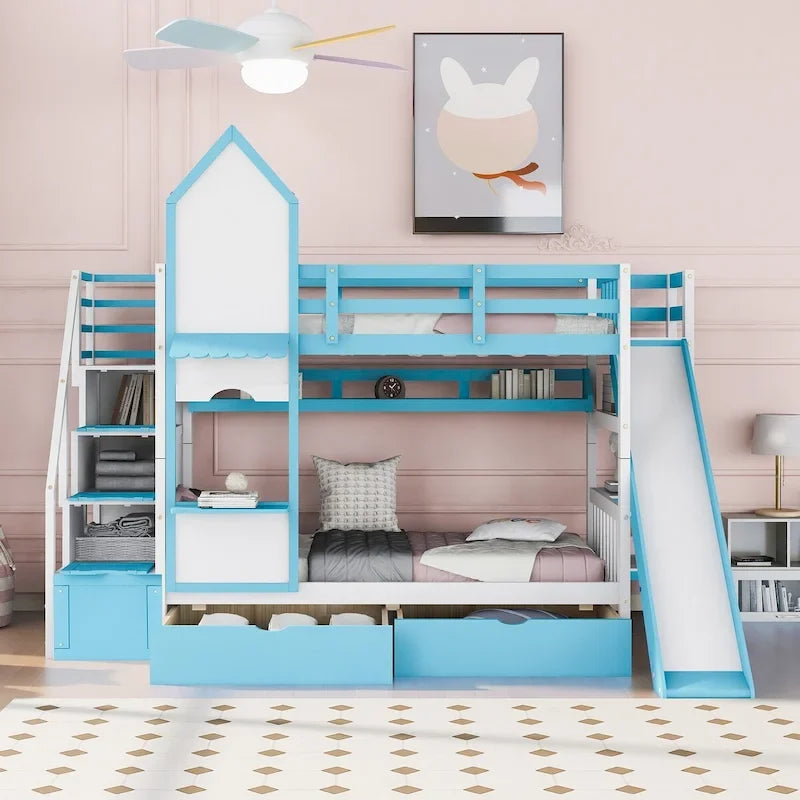 Letto a Castello Gemello con Cassetti, Scaffali e Scivolo, Stile Castello