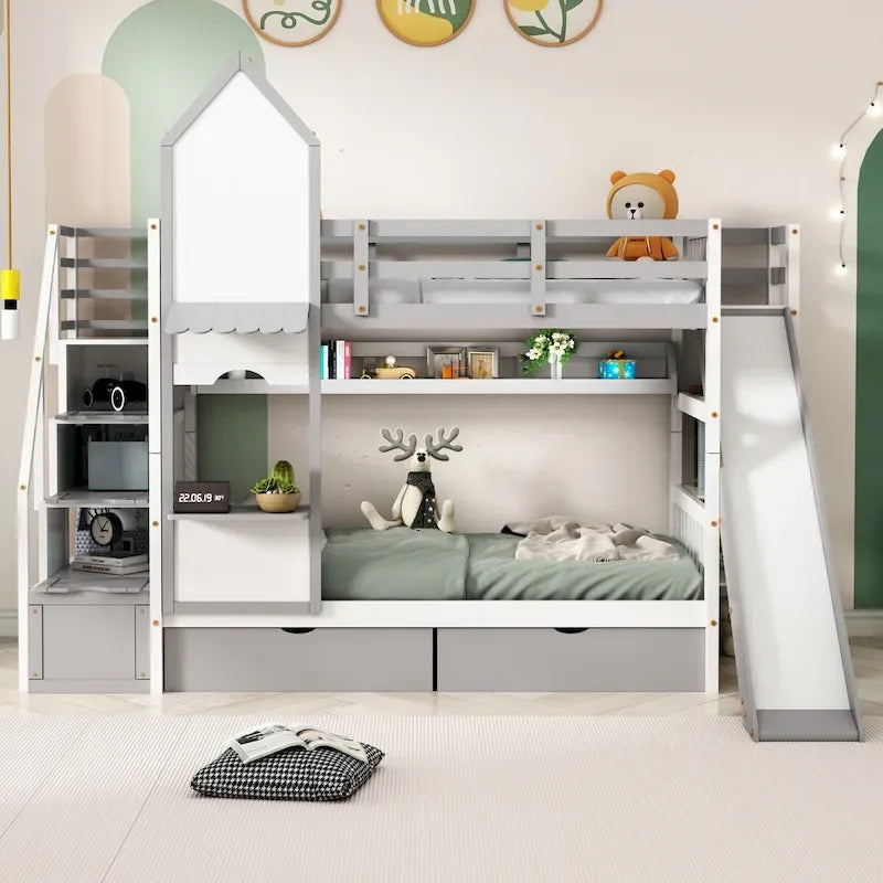 Letto a Castello Gemello con Cassetti, Scaffali e Scivolo, Stile Castello