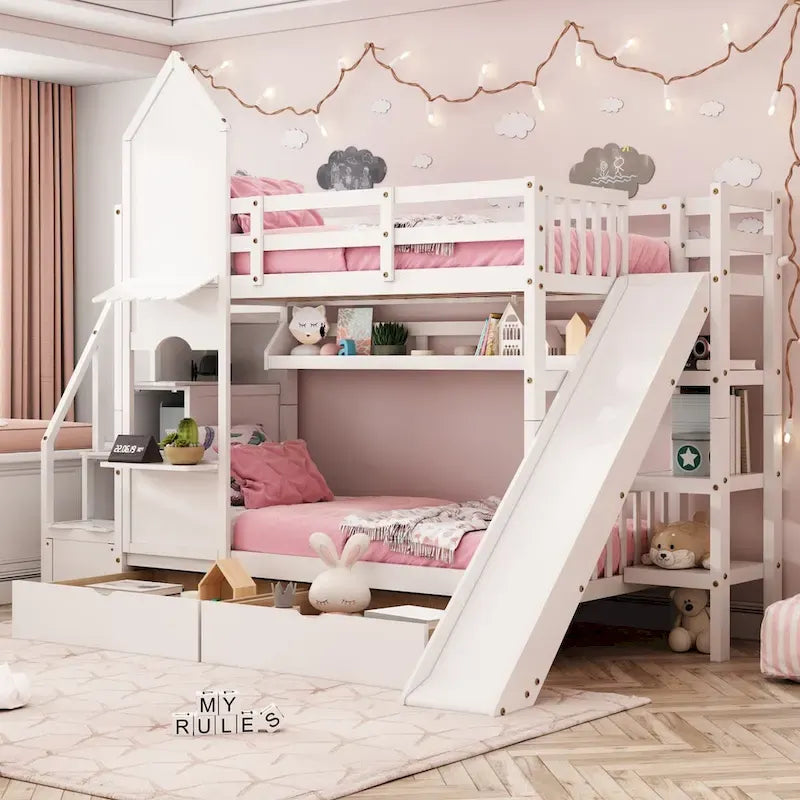 Letto a Castello Gemello con Cassetti, Scaffali e Scivolo, Stile Castello