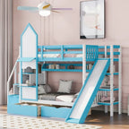 Letto a Castello Gemello con Cassetti, Scaffali e Scivolo, Stile Castello