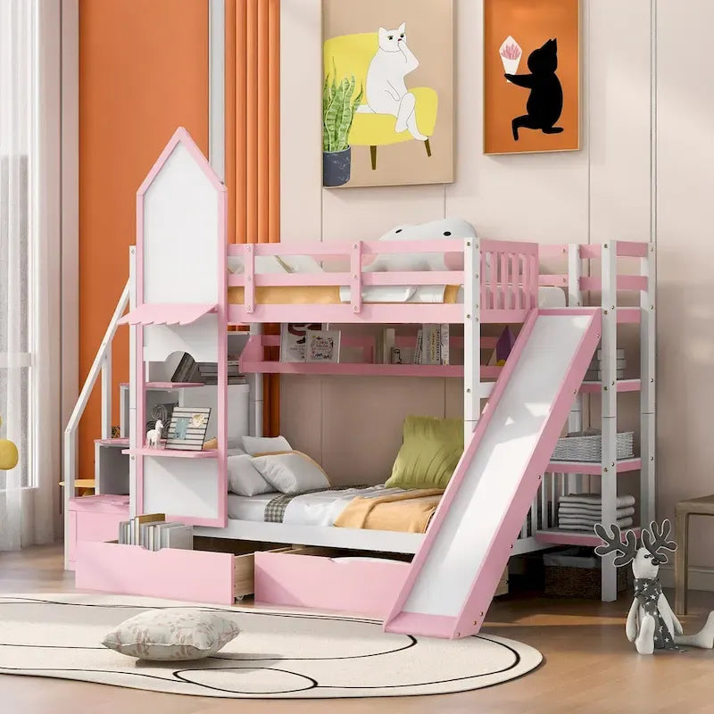 Letto a Castello Gemello con Cassetti, Scaffali e Scivolo, Stile Castello