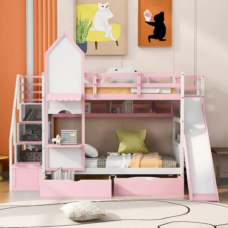 Letto a Castello Gemello con Cassetti, Scaffali e Scivolo, Stile Castello