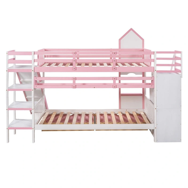 Letto a Castello Gemello con Cassetti, Scaffali e Scivolo, Stile Castello