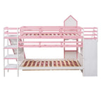 Letto a Castello Gemello con Cassetti, Scaffali e Scivolo, Stile Castello