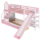 Letto a Castello Gemello con Cassetti, Scaffali e Scivolo, Stile Castello