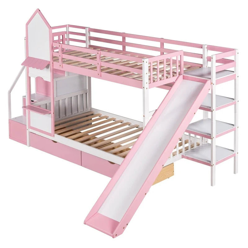 Letto a Castello Gemello con Cassetti, Scaffali e Scivolo, Stile Castello