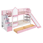 Letto a Castello Gemello con Cassetti, Scaffali e Scivolo, Stile Castello