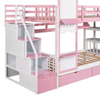 Letto a Castello Gemello con Cassetti, Scaffali e Scivolo, Stile Castello