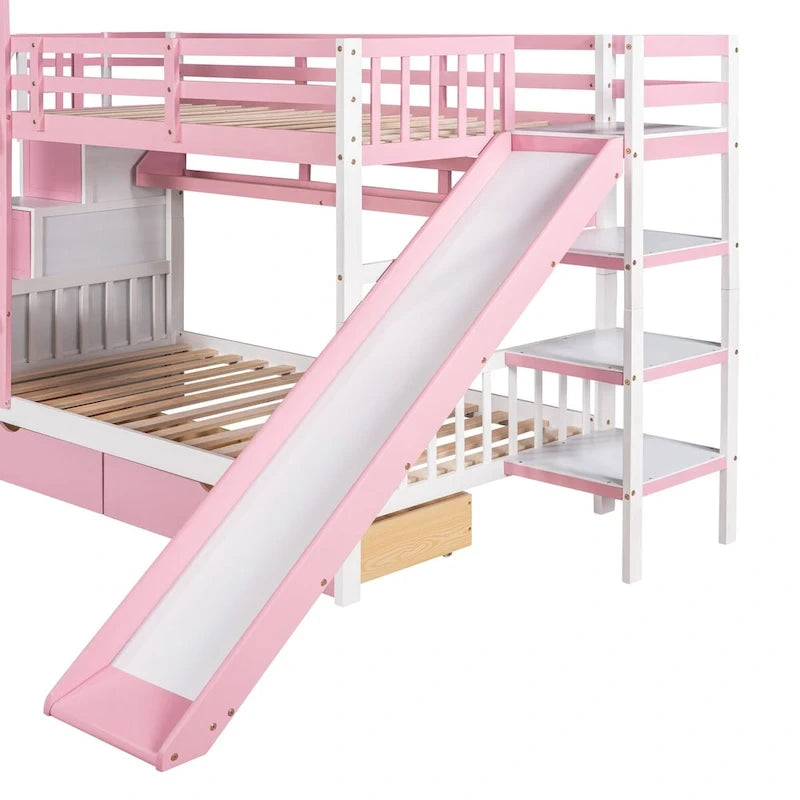 Letto a Castello Gemello con Cassetti, Scaffali e Scivolo, Stile Castello