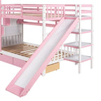 Letto a Castello Gemello con Cassetti, Scaffali e Scivolo, Stile Castello