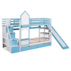Letto a Castello Gemello con Cassetti, Scaffali e Scivolo, Stile Castello