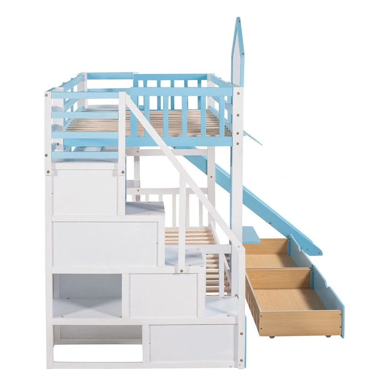 Letto a Castello Gemello con Cassetti, Scaffali e Scivolo, Stile Castello