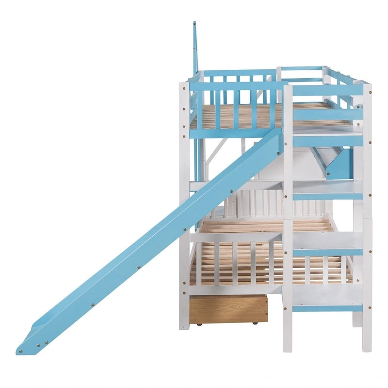 Letto a Castello Gemello con Cassetti, Scaffali e Scivolo, Stile Castello