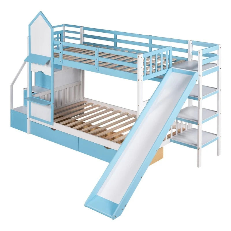 Letto a Castello Gemello con Cassetti, Scaffali e Scivolo, Stile Castello
