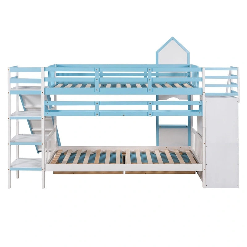 Letto a Castello Gemello con Cassetti, Scaffali e Scivolo, Stile Castello