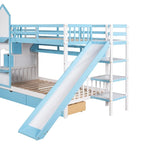 Letto a Castello Gemello con Cassetti, Scaffali e Scivolo, Stile Castello