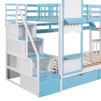 Letto a Castello Gemello con Cassetti, Scaffali e Scivolo, Stile Castello