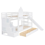 Letto a Castello Gemello con Cassetti, Scaffali e Scivolo, Stile Castello