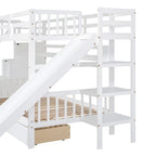 Letto a Castello Gemello con Cassetti, Scaffali e Scivolo, Stile Castello