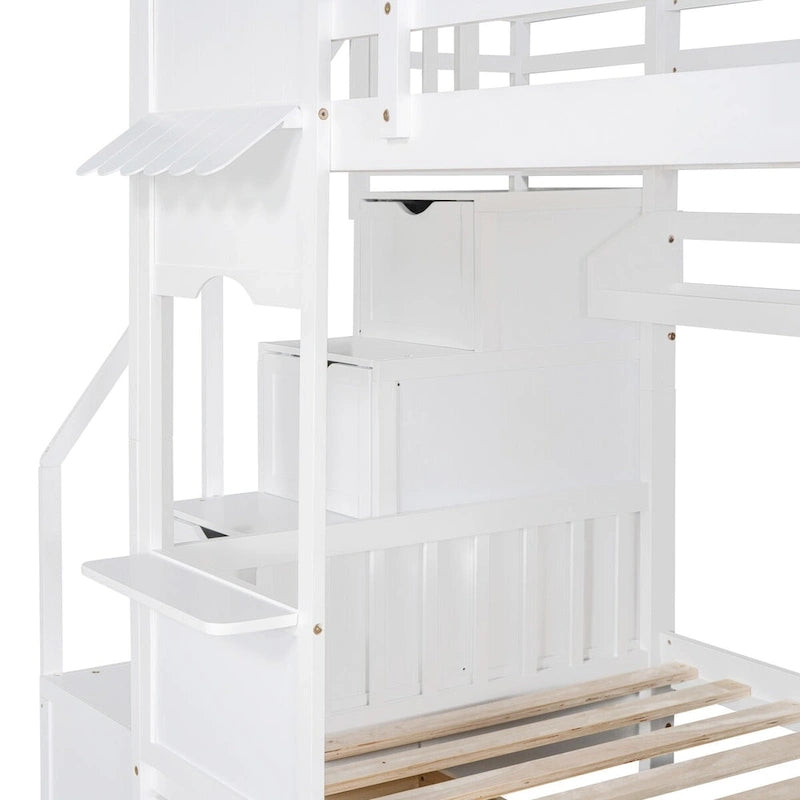 Letto a Castello Gemello con Cassetti, Scaffali e Scivolo, Stile Castello