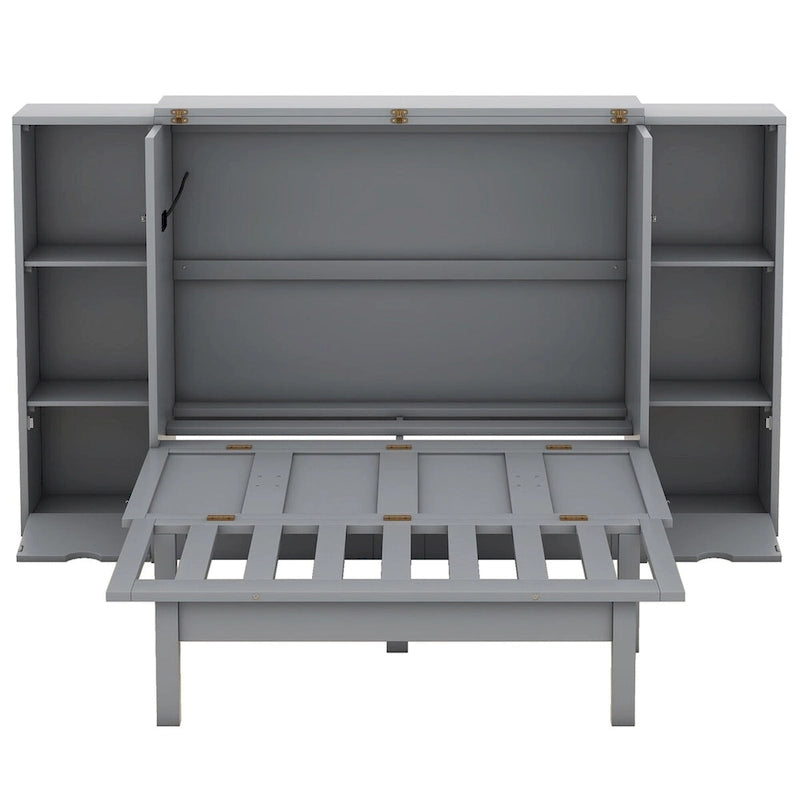 Letto a scomparsa Queen Size con mensole, cassetti e porte USB, salvaspazio